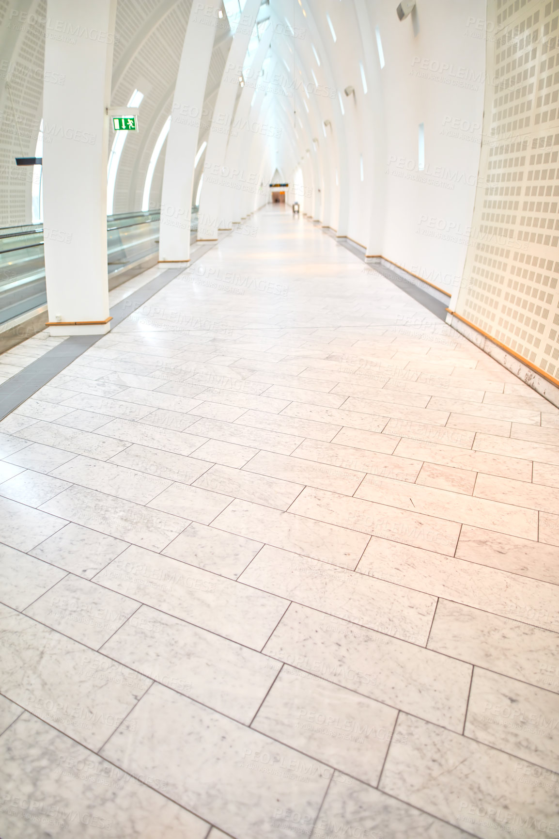 Buy stock photo Airport terminal, hall and architecture of building, structure and entrance of lobby, roof and design. Empty, tiles and corridor in mockup space, clean and floor with detail, perspective and creative