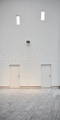 Buy stock photo Airport terminal, entrance and architecture of building, details and door of structure, roof and design. Empty, tiles and corridor in mockup space, clean and floor of lobby, perspective and creative