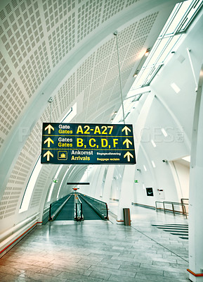 Buy stock photo Airport terminal, hall and architecture of building, board and entrance of structure, roof and design. Empty, tiles and corridor in mockup space, clean and floor of lobby, perspective and creative