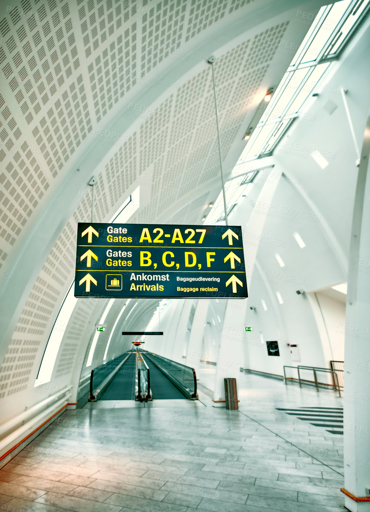 Buy stock photo Airport terminal, hall and architecture of building, board and entrance of structure, roof and design. Empty, tiles and corridor in mockup space, clean and floor of lobby, perspective and creative