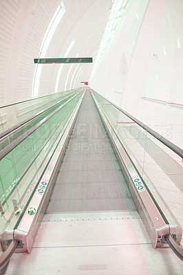 Buy stock photo Airport terminal, clean and architecture of building, escalator and entrance of structure, details or design. Empty, roof and corridor in mockup space, ceiling and moving steps for travel or creative