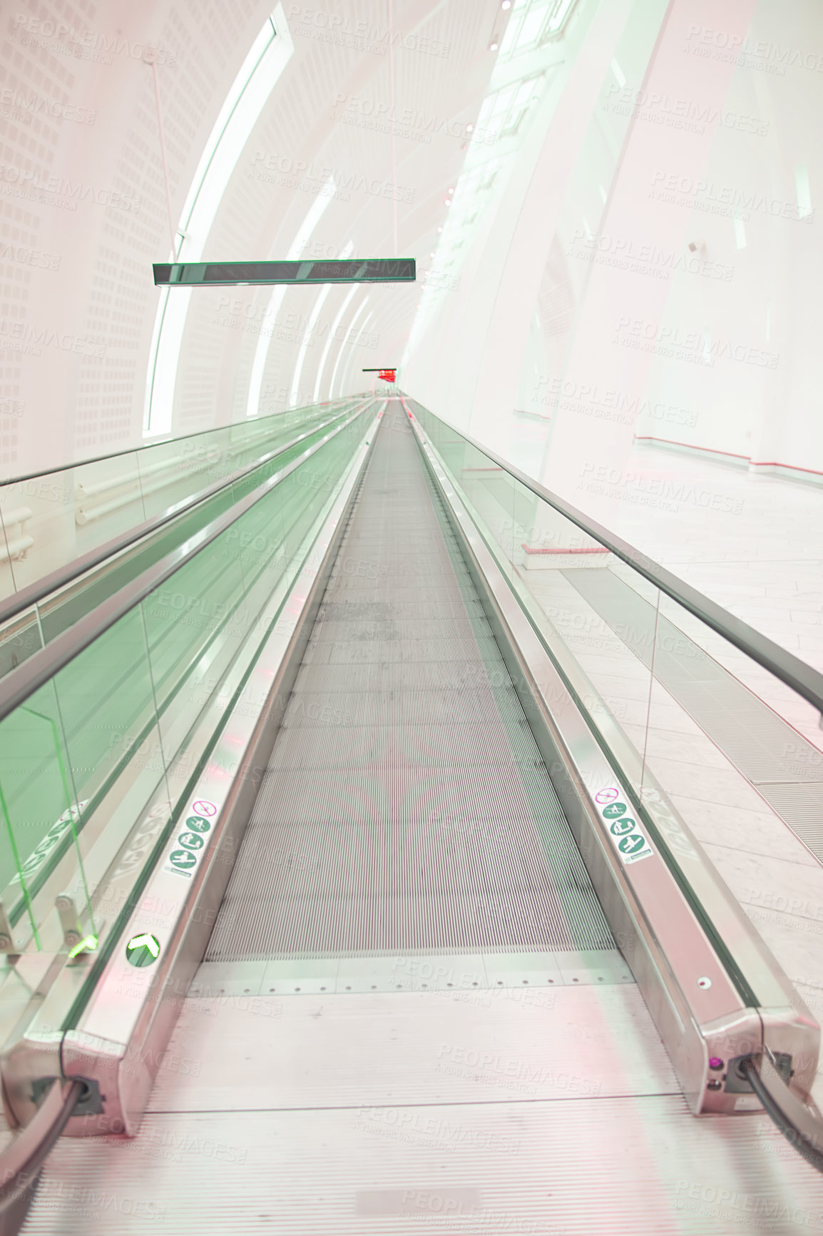 Buy stock photo Airport terminal, clean and architecture of building, escalator and entrance of structure, details or design. Empty, roof and corridor in mockup space, ceiling and moving steps for travel or creative