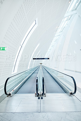 Buy stock photo Airport terminal, structure and architecture of building, escalator and entrance of room, roof and design. Empty, tiles and corridor in mockup space, clean and floor of lobby, perspective or creative