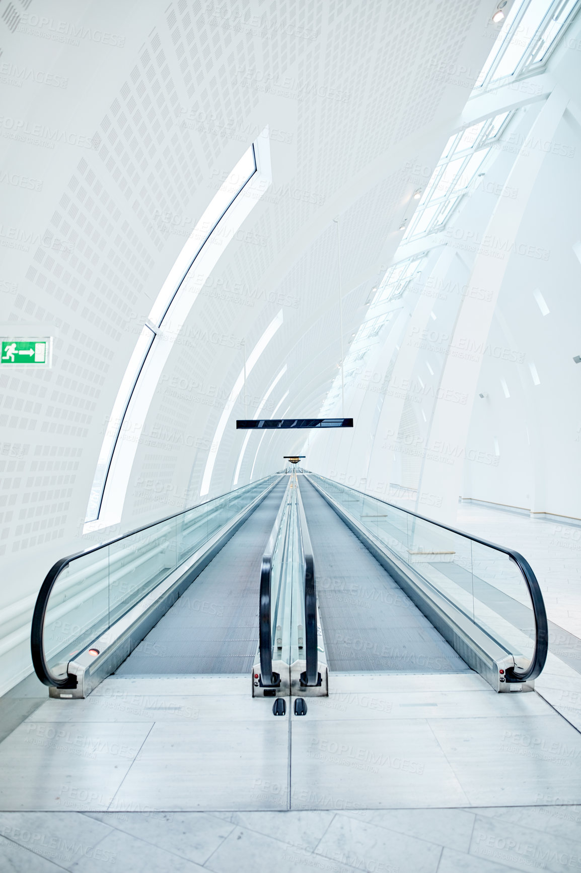 Buy stock photo Airport terminal, structure and architecture of building, escalator and entrance of room, roof and design. Empty, tiles and corridor in mockup space, clean and floor of lobby, perspective or creative