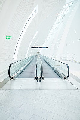 Buy stock photo Airport terminal, escalator and architecture of building, clean and entrance of structure, roof or design. Empty, tiles and corridor in mockup space, detail and floor of room, perspective or creative