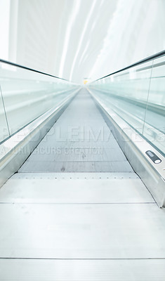 Buy stock photo Airport terminal, architecture and design for interior, travel and conveyor belt with material. Empty, speed and tunnel with business, vacation and holiday with getaway trip, adventure and journey