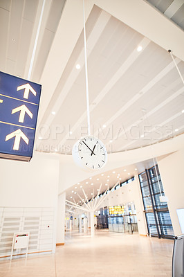 Buy stock photo Airport, empty and waiting room with clock, hall and floor of terminal, lobby and architecture with detail. Design, interior and ceiling of building, abstract and space in business and corridor