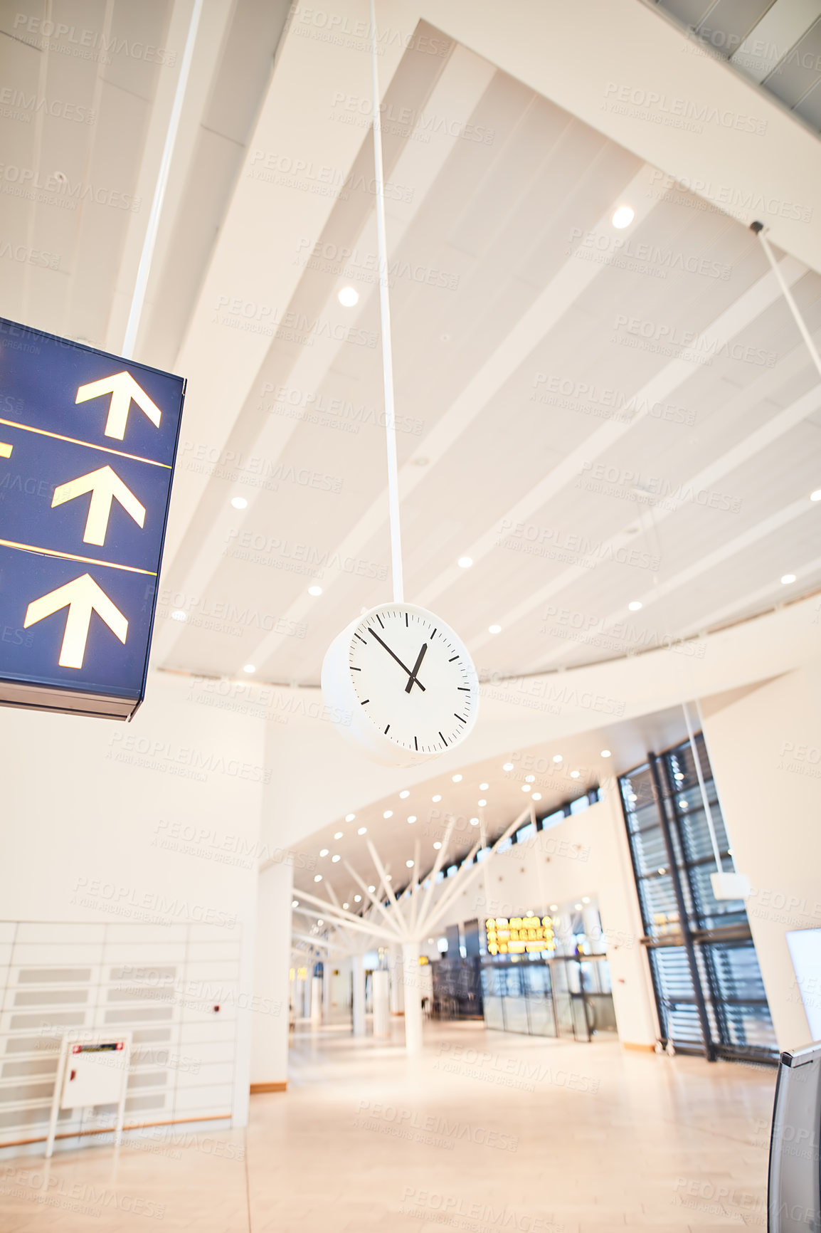 Buy stock photo Airport, empty and waiting room with clock, hall and floor of terminal, lobby and architecture with detail. Design, interior and ceiling of building, abstract and space in business and corridor