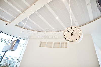 Buy stock photo Airport, empty and waiting room with clock, ceiling and roof of terminal, lobby and architecture with detail. Board, interior and design of building, abstract and space in business and corridor