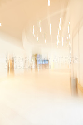 Buy stock photo Airport, empty and hall of waiting room, blurry and floor of terminal, lobby and architecture with detail. Design, interior and ceiling of building, abstract and space in business and corridor