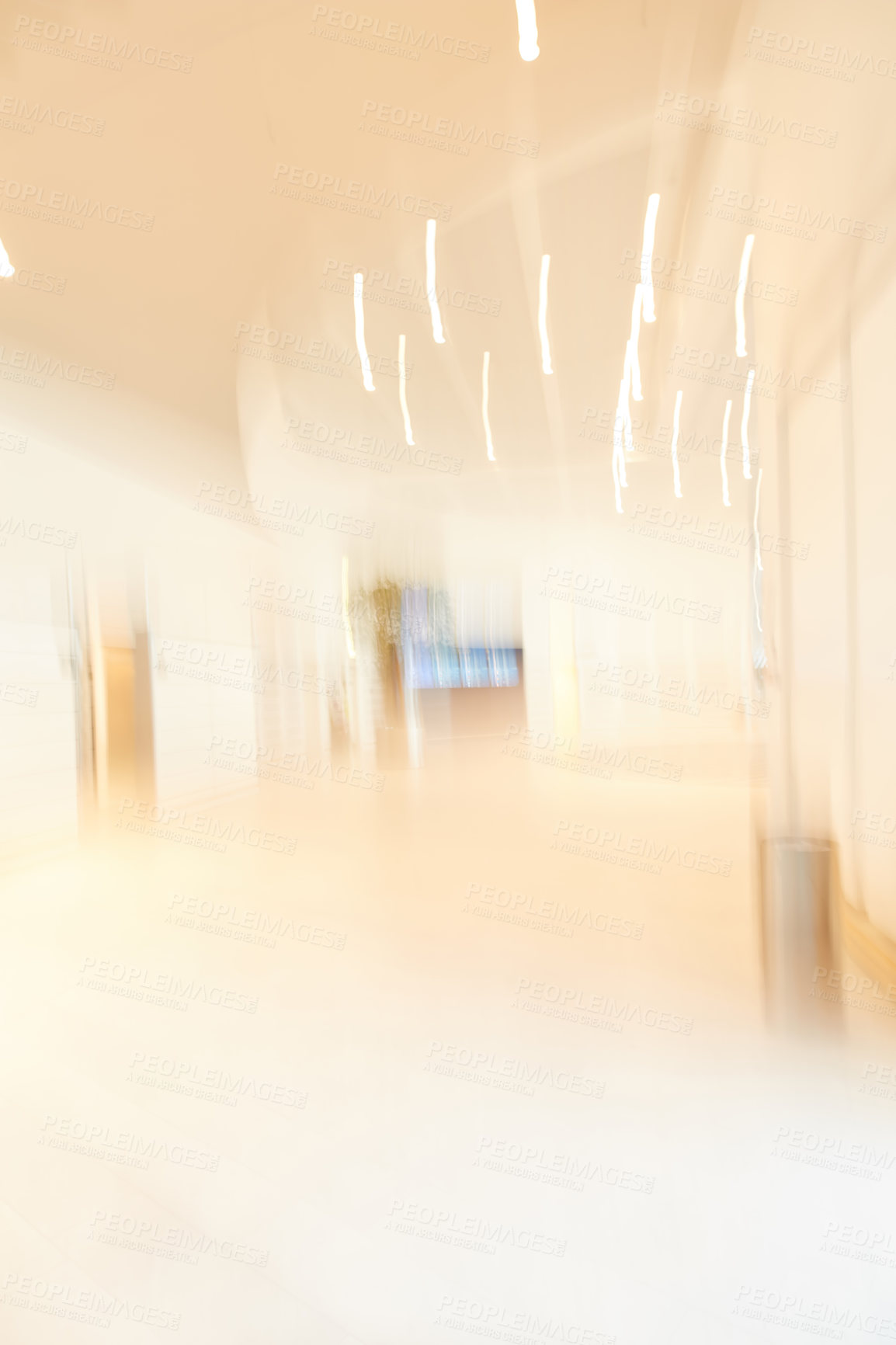 Buy stock photo Airport, empty and hall of waiting room, blurry and floor of terminal, lobby and architecture with detail. Design, interior and ceiling of building, abstract and space in business and corridor