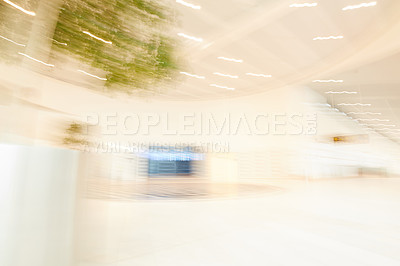 Buy stock photo Airport, blurry and lobby of waiting room, space and floor of terminal, tunnel and architecture with detail. Design, interior and motion of building, abstract and empty hall in business and corridor