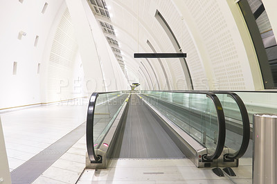 Buy stock photo Escalator, empty and transport in airport, steps and architecture of room, steel and terminal for travel. Electric, ceiling and moving of stairs, morning and design of machine, metal and structure