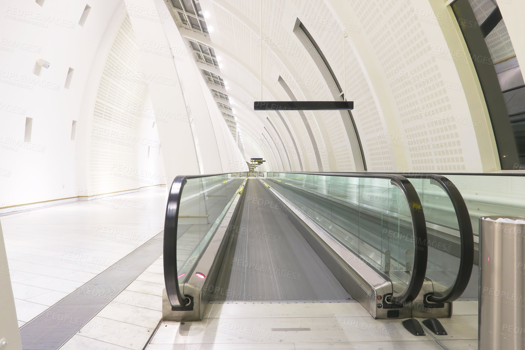 Buy stock photo Escalator, empty and transport in airport, steps and architecture of room, steel and terminal for travel. Electric, ceiling and moving of stairs, morning and design of machine, metal and structure