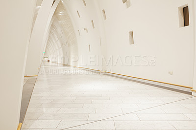 Buy stock photo Airport, architecture and hall of waiting room, way and floor of terminal, lobby and wall with detail. Design, interior and ceiling of building, abstract and space in business, window and corridor