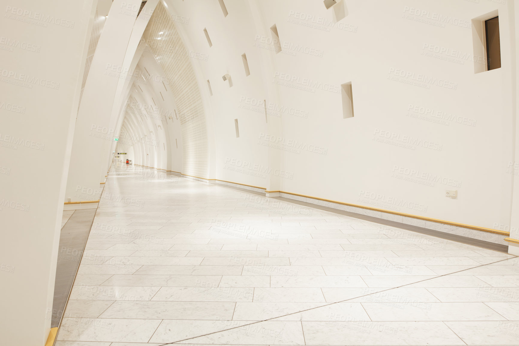 Buy stock photo Airport, architecture and hall of waiting room, way and floor of terminal, lobby and wall with detail. Design, interior and ceiling of building, abstract and space in business, window and corridor