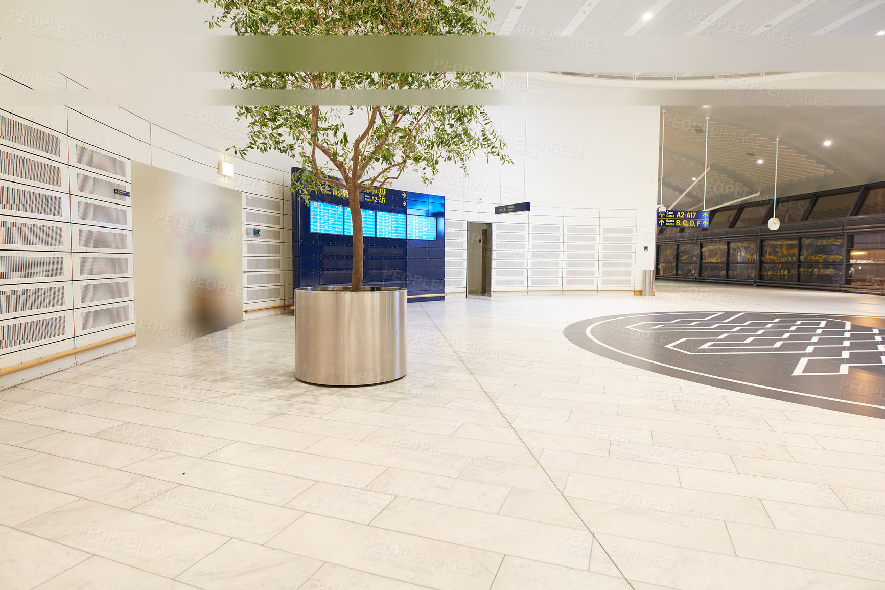 Buy stock photo Airport, terminal or tree with architecture detail for interior, travel or indoor port. Empty, lounge or space of transportation, station area or waiting room for international boarding or arrival