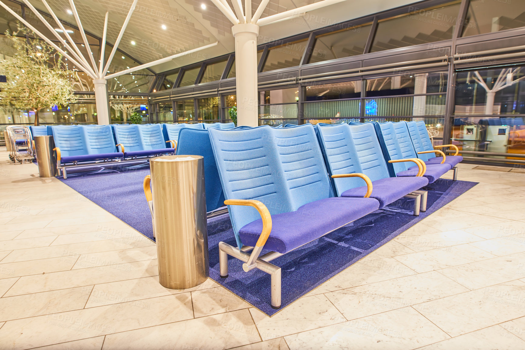 Buy stock photo Airport, terminal and seats with waiting area for travel, journey or international flight of indoor port. Empty, lounge or space of transportation or station room for departure, bording or arrival