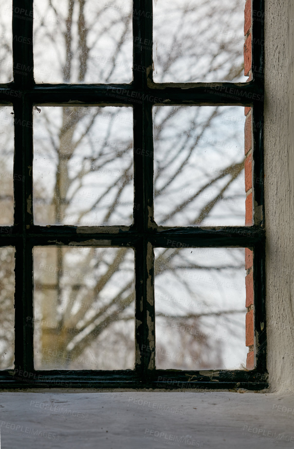 Buy stock photo Closeup of an old window. Feeling trapped, scared, depressed and lonely during lockdown. Hiding inside at home, suffering from social anxiety, longing and looking to escape house for change and hope