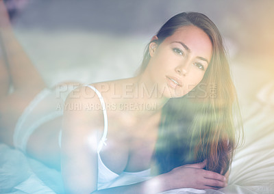 Buy stock photo Cropped portrait of a young woman posing in her underwear behind glass