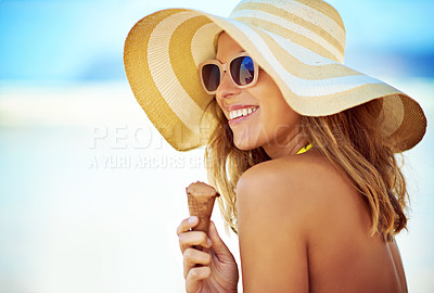 Buy stock photo Sunglasses, ice cream and woman at beach on vacation, holiday and summer travel mockup. Happiness, chocolate gelato and female person eating by ocean shore, thinking or tourist enjoying snack outdoor
