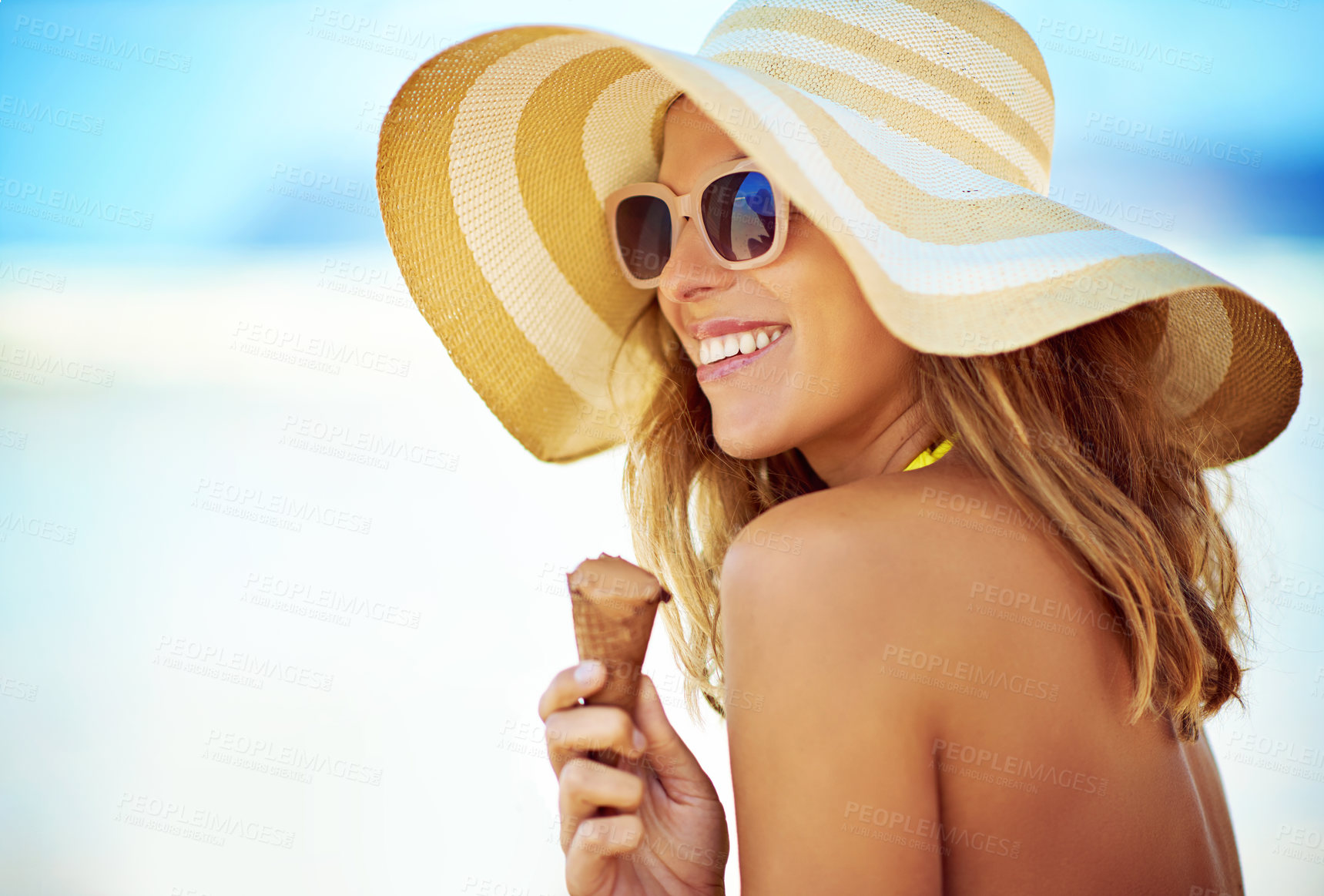 Buy stock photo Sunglasses, ice cream and woman at beach on vacation, holiday and summer travel mockup. Happiness, chocolate gelato and female person eating by ocean shore, thinking or tourist enjoying snack outdoor