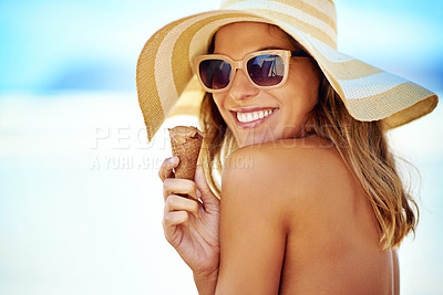 Buy stock photo Smile, ice cream and portrait of woman at beach on vacation, holiday travel and summer hat mockup. Sunglasses, chocolate gelato and female person eating by ocean shore and enjoying snack in Brazil