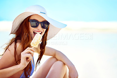 Buy stock photo Popsicle, sunglasses and portrait of woman at beach on vacation, holiday travel and mockup in summer hat. Happiness, ice cream and female tourist eating by ocean shore and enjoying snack in Australia