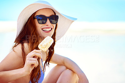 Buy stock photo Sunglasses, popsicle and portrait of woman at beach on vacation, holiday travel and mockup in summer hat. Happiness, ice cream and female person eating by ocean shore and enjoying snack in Australia.