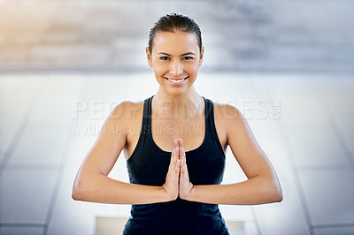 Buy stock photo Cropped portrait of a young woman meditating