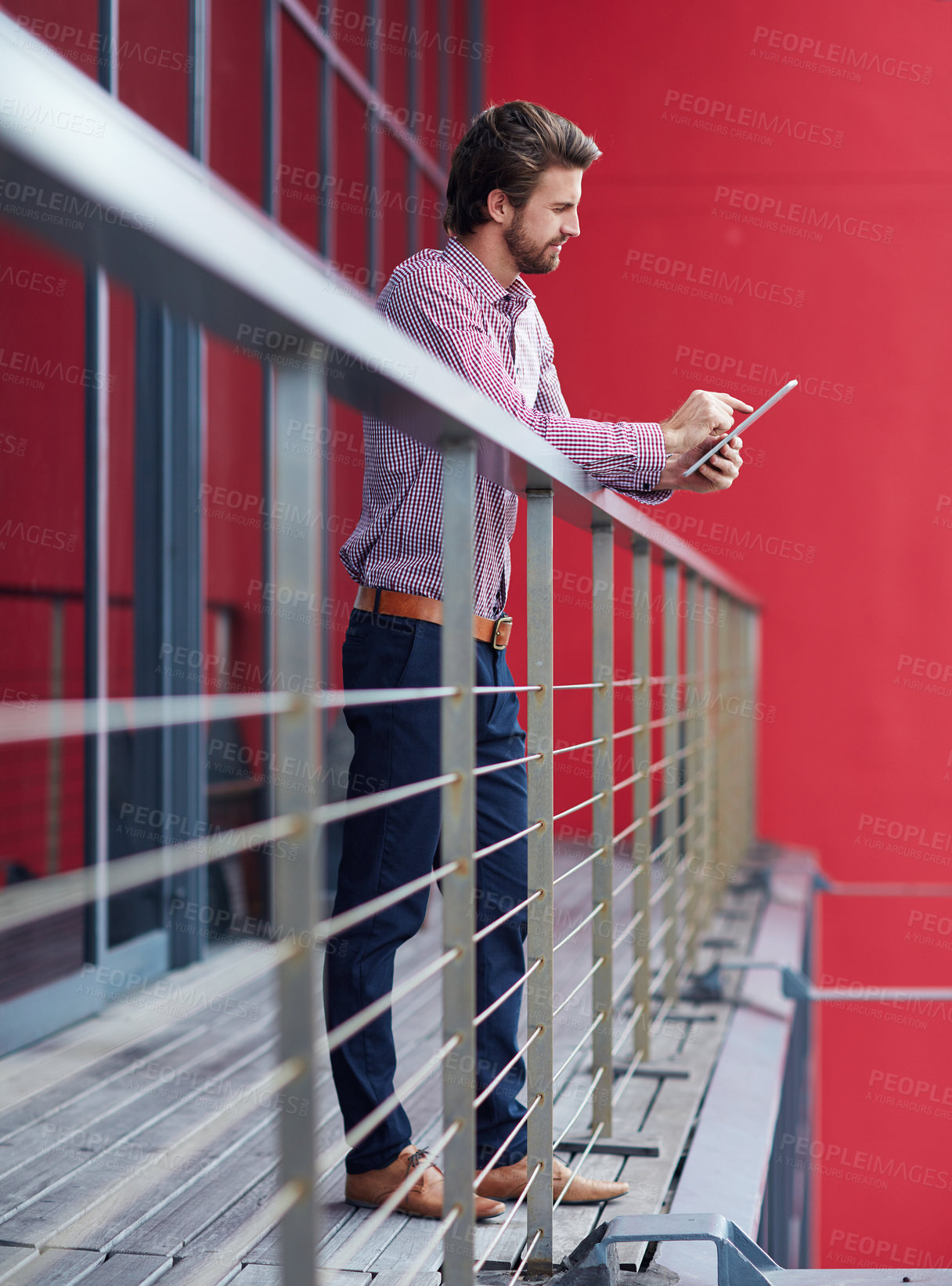 Buy stock photo Business, balcony and man with tablet, typing and internet with connection, social media and online reading. Person, consultant and entrepreneur in modern office, technology and digital app for news