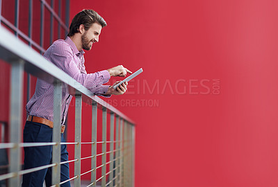 Buy stock photo Business, balcony and man with tablet, internet and network with connection, social media or online reading. Person, consultant or entrepreneur in office, technology or digital app for news or typing