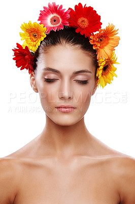 Buy stock photo Cropped shot of a beautiful young woman wearing a crown of flowers with her eyes closed