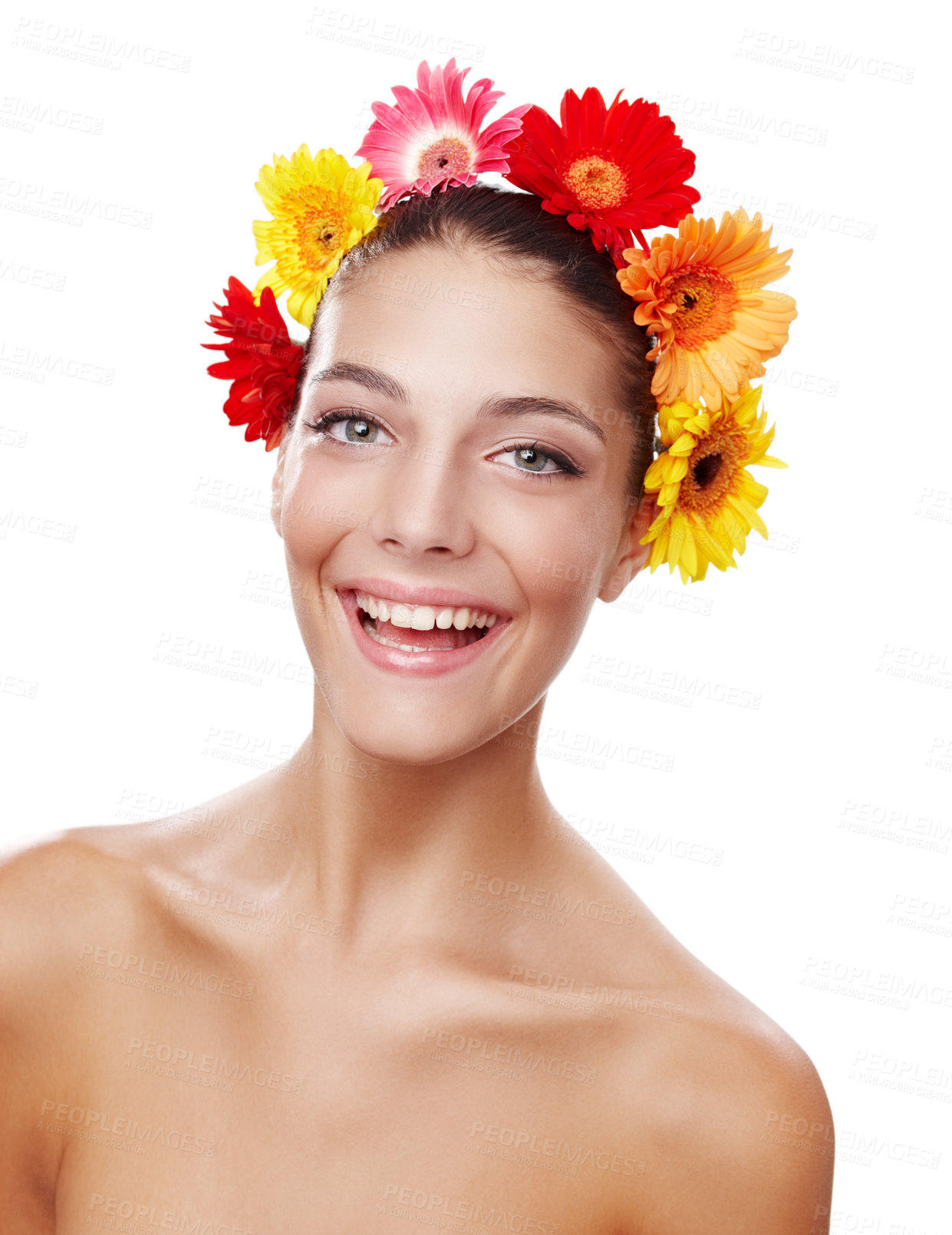 Buy stock photo Cropped portrait of a beautiful young woman wearing a crown of flowers