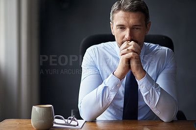 Buy stock photo Man in office, stress and business fail with trader at desk worried and anxiety about stock market crash. Businessman thinking of career mistake, financial crisis with debt problem and bankruptcy