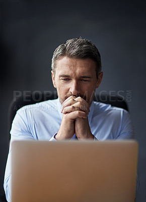 Buy stock photo Man, stress and anxiety with career fail, trader worried about stock market crash and laptop glitch. Businessman thinking of business mistake, financial crisis and debt, fintech 404 and bankruptcy