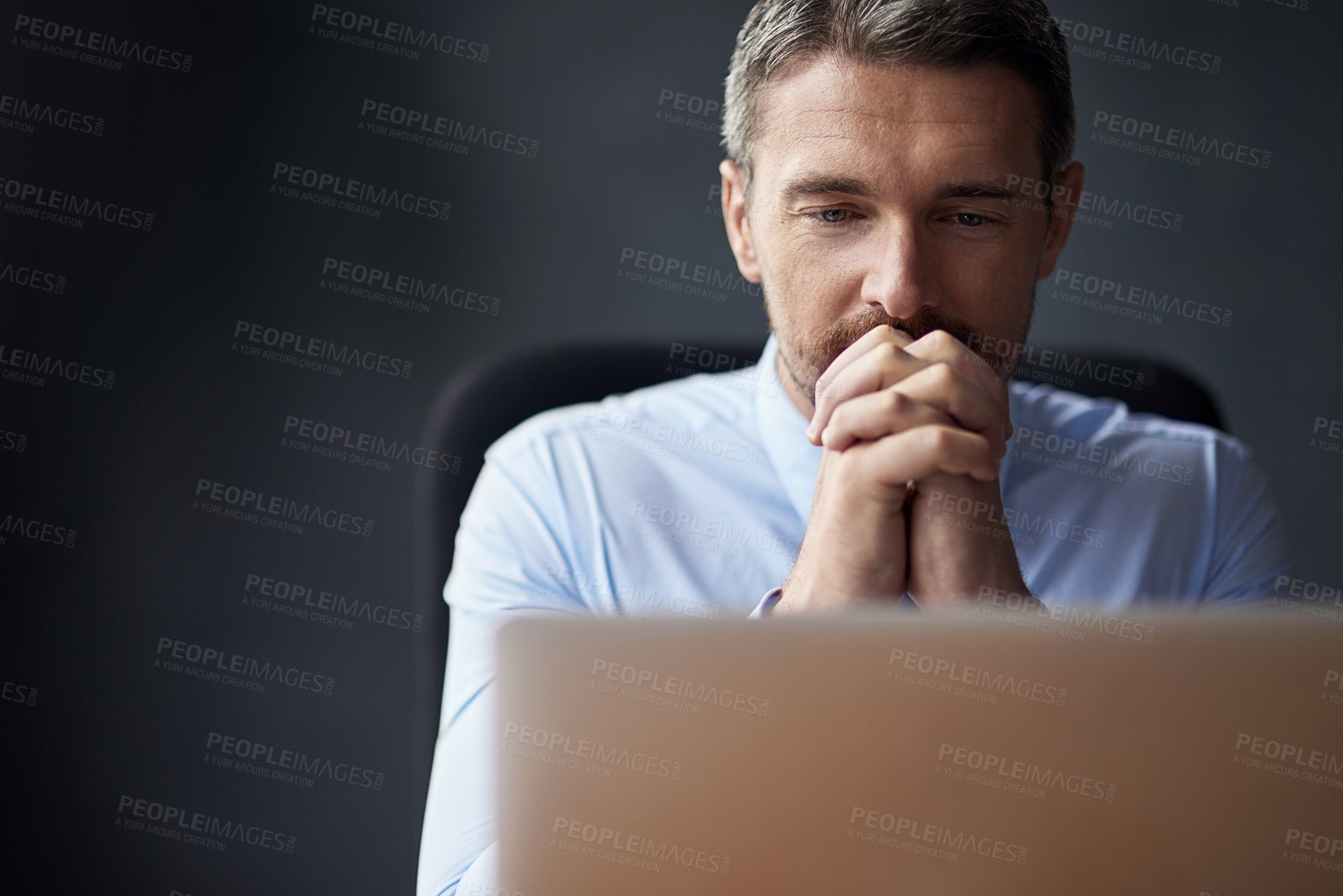 Buy stock photo Man, stress and anxiety about business fail, trader worried about stock market crash and laptop glitch. Businessman thinking of career mistake, financial crisis and debt, fintech 404 and bankruptcy