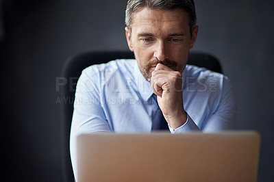 Buy stock photo Mature businessman, laptop and thinking on budget in office, feedback and perspective on proposal. Male person, plan and accountant for finance review, brainstorming and website on gray background