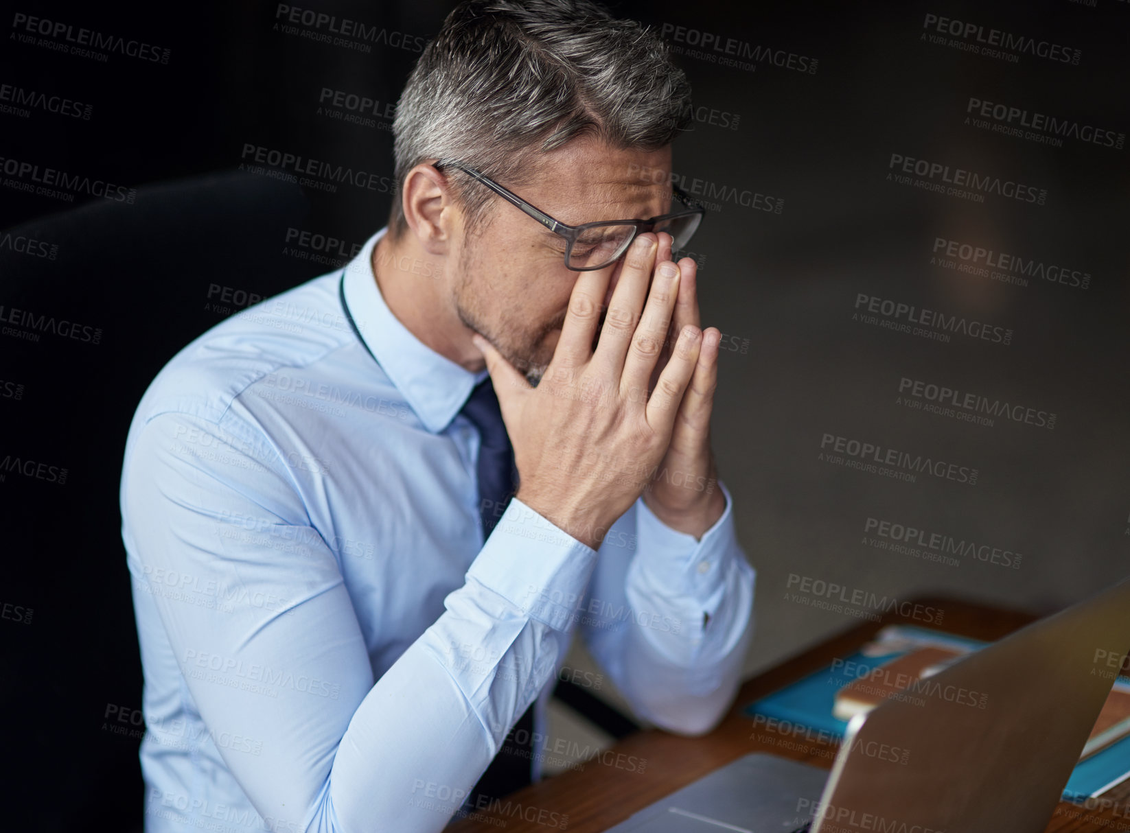 Buy stock photo Businessman, laptop and eye strain for burnout stress, 404 error and headache for crisis. Mature person, fail and glasses migraine for sight difficulty in office, audit panic and anxiety for tax