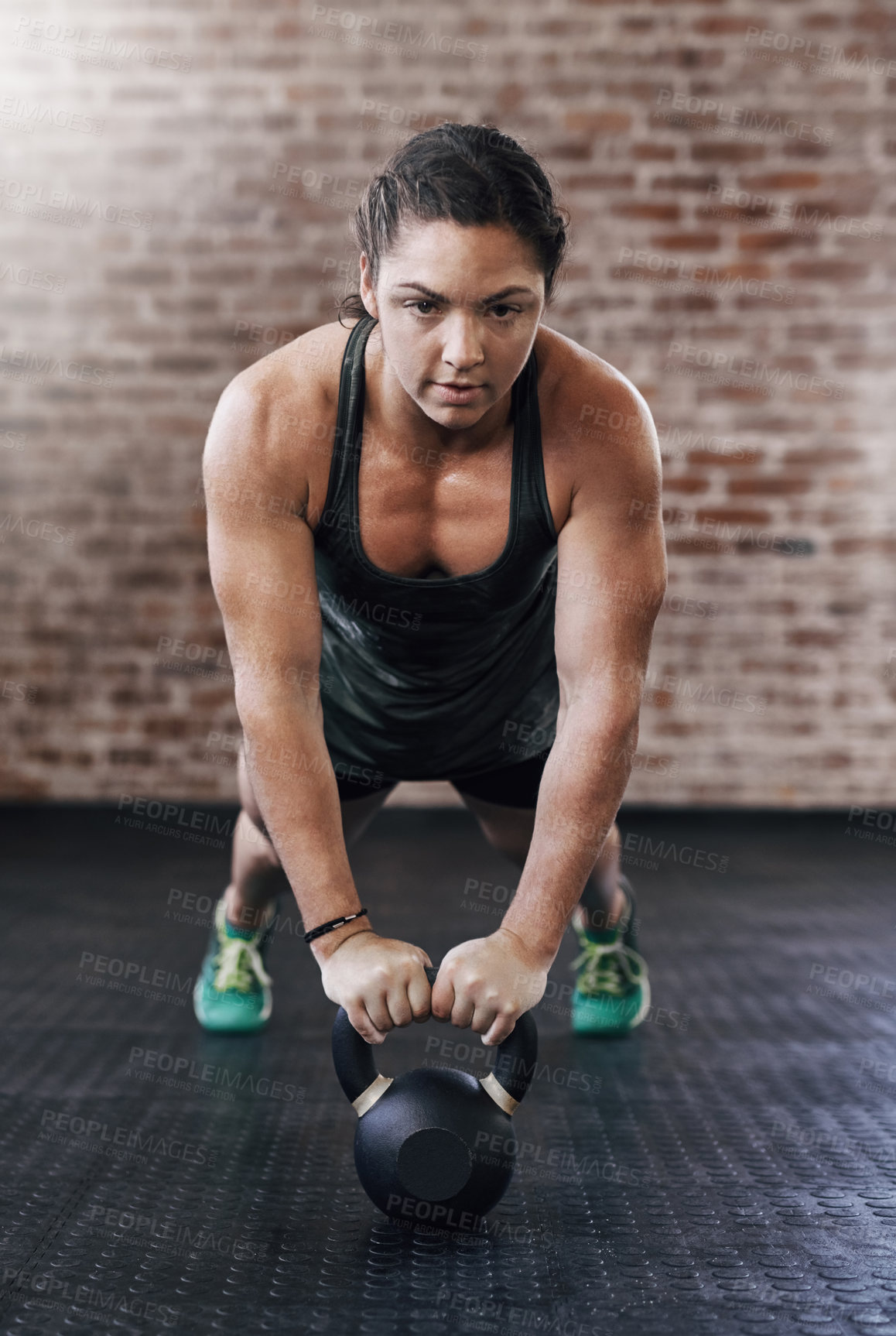 Buy stock photo Woman, push up and kettlebell in gym for workout or health, power challenge or training for body strength. Female person, exercise and sports with commitment for wellness, fitness or determination