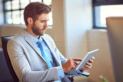 Buy stock photo Businessman, online and relax in office with tablet for news or updates on company growth, networking and business website. Man, digital technology and internet for research, emails and report review