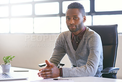 Buy stock photo Creative, black man and portrait by window in office of designer agency for work as publicist for media or public relations. Male employee, confident and happy for reputation management for company.