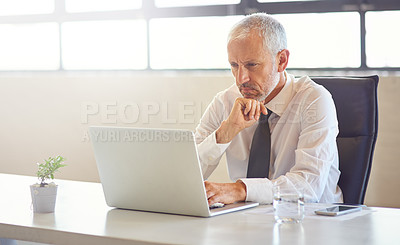 Buy stock photo Laptop, thinking and strategy with a business man in the office, working online to finish a project at his desk. Computer, idea and email with a mature male manager at work for company research