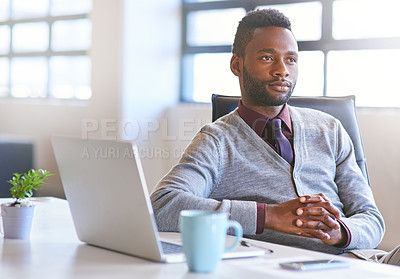 Buy stock photo Business, thinking and black man with laptop, choice and opportunity with decision, solution or thoughts. African person, consultant or employee with pc, hands together or problem solving for project