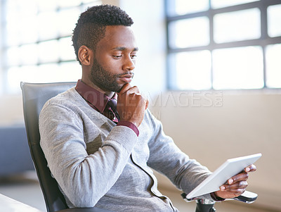 Buy stock photo Black man, internet and thinking in office with tablet for news or update on company growth, networking and business website. Person, digital technology and online for search, email and report review