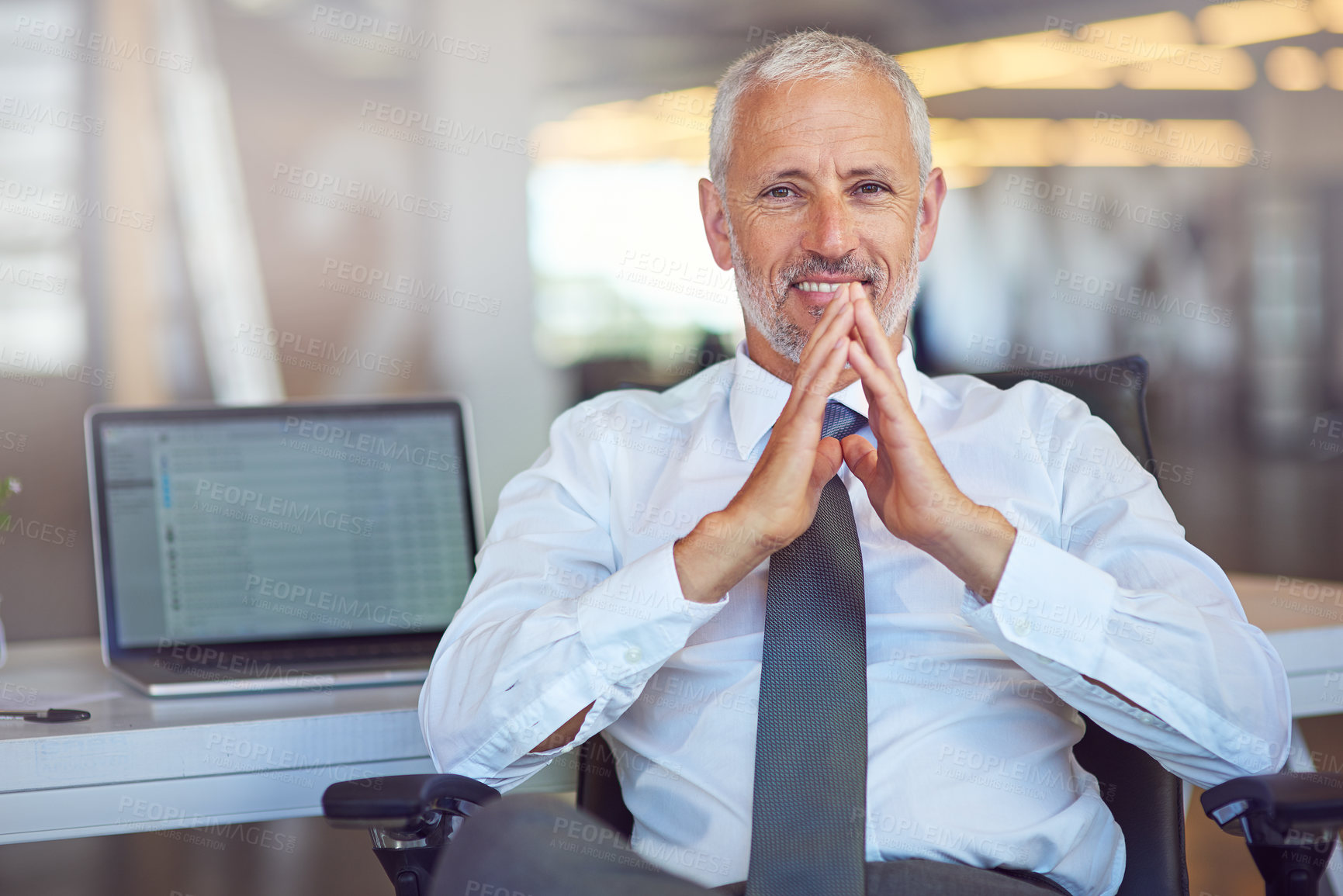 Buy stock photo Mature businessman, CEO and portrait with confidence in office with laptop screen for trading information or stock exchange data. Boss, professional trader or face with tech display for online broker