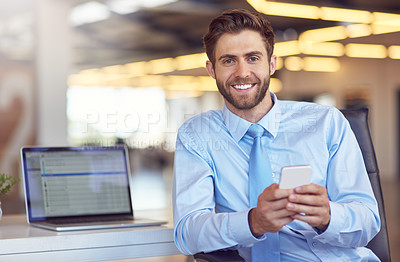 Buy stock photo Laptop, phone and portrait of businessman in office with smile for typing company email online for communication. Happy, technology and male attorney networking on internet with cellphone in law firm