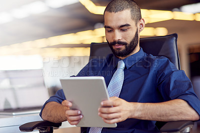 Buy stock photo Businessman, internet and thinking in office with tablet for news or update on company growth, networking and business website. Man, digital technology and online for search, email and report review.