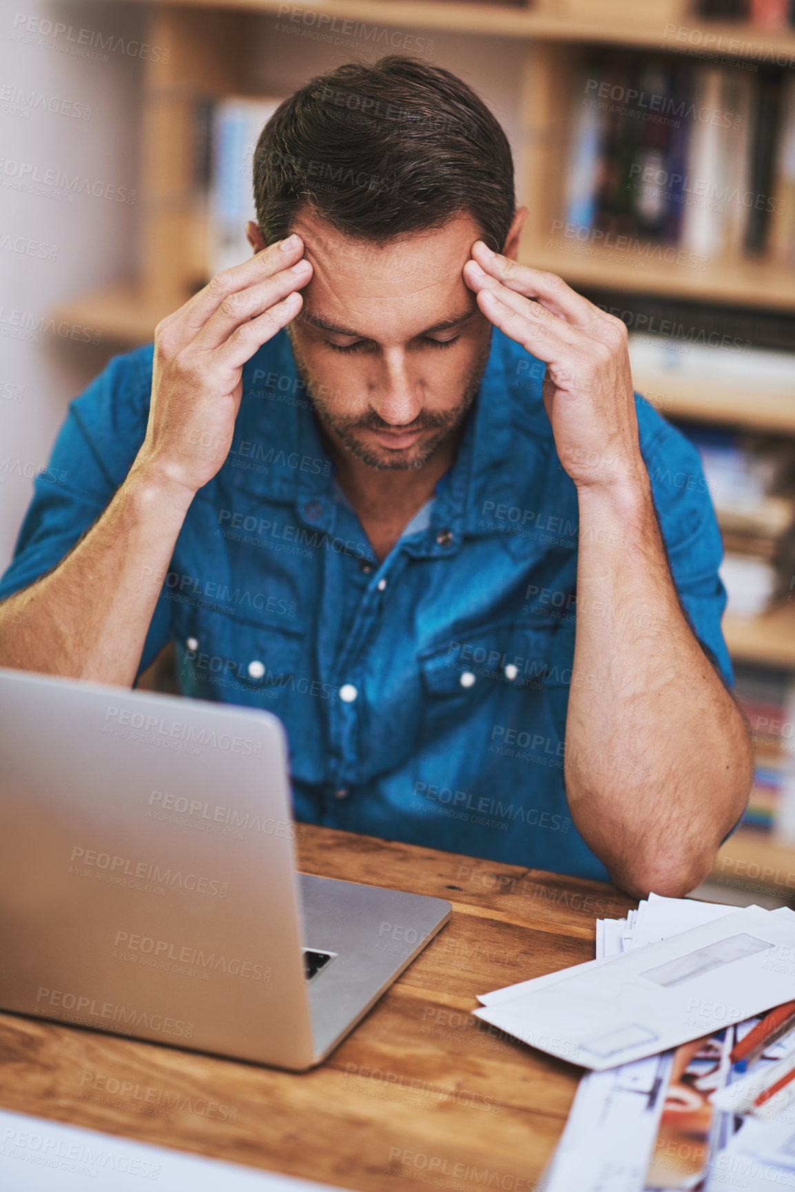 Buy stock photo Man, headache and tired for laptop in home office, 404 error and anxiety burnout for tax audit. Male person, frustrated and fatigue for remote work, mental health and mistake or migraine for fail