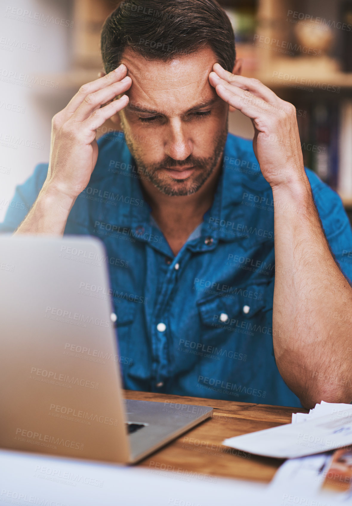 Buy stock photo Man, headache and worry for laptop in home office, 404 error and anxiety burnout for tax audit. Male person, frustrated and fatigue for remote work, mental health and mistake or migraine for fail